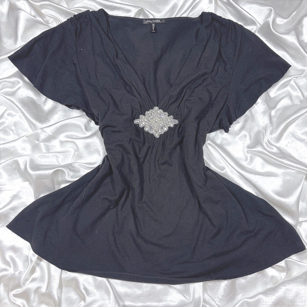 y2k Daisy Fuentes Blouse Black Excellent Rhinestone Embellished Empire Waist PXL